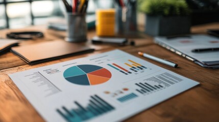 Poster - A printed report with a pie chart on a desk, surrounded by documents and office supplies, illustrating its use in business analysis and reporting.