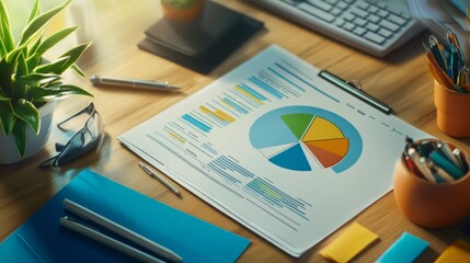 Poster - A printed report with a pie chart on a desk, surrounded by documents and office supplies, illustrating its use in business analysis and reporting.