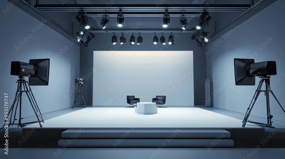 Modern, professional TV studio setup with cameras, chairs, and lighting ...