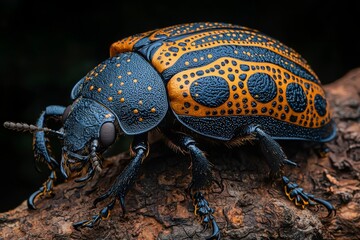 Wall Mural - Close-up of a Black and Yellow Spotted Beetle on Bark