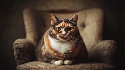 Poster - A rotund calico cat sitting proudly on a chair, looking regal despite its large size, with a neutral background to focus on the cat.