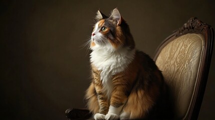 Poster - A rotund calico cat sitting proudly on a chair, looking regal despite its large size, with a neutral background to focus on the cat.