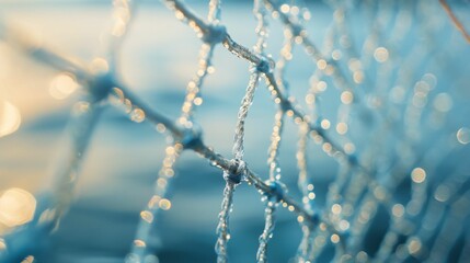 Net with water droplets against a blurred blue background.