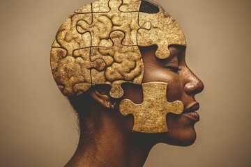 Canvas Print - Cognitive load Thinker A man’s profile with golden puzzle pieces forming his head symbolizing the complexity of identity memory and the golden moments of life