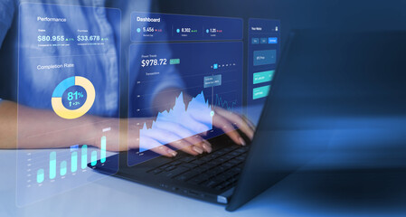 Advisor using KPI Dashboard on virtual screen.	
Financial management technology.Business finance data analytics graph.