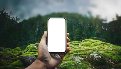 close up hand holding smartphone with blank screen, blurred green nature background, space concept