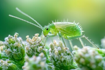 Wall Mural - A Close-Up of a Green Insect on a Flower Bud