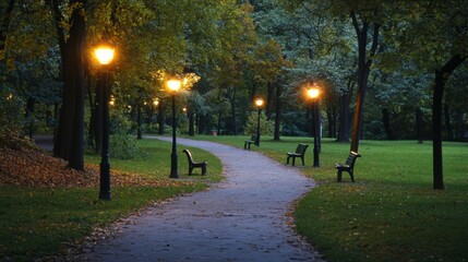 Poster - A serene park path illuminated by streetlights, with soft light casting gentle shadows and creating a tranquil evening setting.