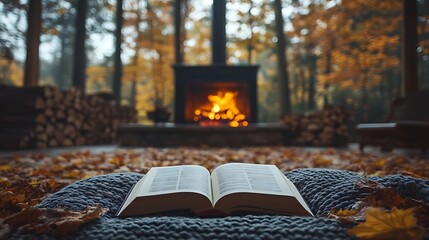 Canvas Print - A cozy autumn evening with an open book lying on a soft cushion in front of a crackling fire, autumn leaves scattered around, warm and inviting atmosphere, soft lighting, rich textures,