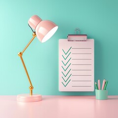 Poster - Pink and Green Desk with Clipboard, Lamp and Pencils.