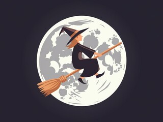 Witch Flying on Broomstick Against Full Moon