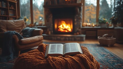 Canvas Print - A cozy autumn scene with an open book resting on a plush armchair, a glowing fireplace in the background, the room softly lit by the fire's warm glow, inviting and tranquil atmosphere, rich textures,