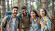 © N7 - Excited Indian Backpackers in Woods – Excited Indian backpackers in a wooded area.