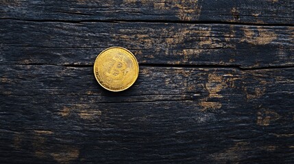 Gold coin placed on a rustic wooden table top view