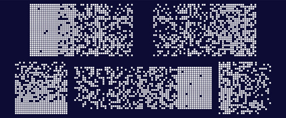 Aufkleber - Background with a pixel disintegration effect. White square particles dispersed on a dark background. Set of pixel mosaic textures with a disintegration theme. Vector illustration.