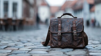 A brown leather bag is positioned on a cobblestone street, highlighting a sense of travel and adventure, with elements of timeless style and sophisticated craftsmanship.