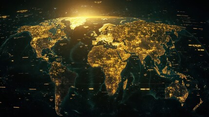 Aerial view of Earth at night showing illuminated cities and networks, highlighting technology and global connectivity.