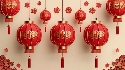 traditional chinese new year decorations: red lanterns, paper cuttings, couplets, and auspicious 'fu