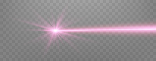 Wall Mural - Pink horizontal laser beam. Neon line, presentation pointer. Pink glow flare light effect. Vector illustration. Isolated on dark transparent background.