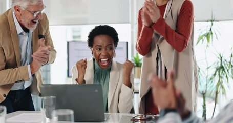 Canvas Print - Office, applause and business people on laptop with fist pump for teamwork, collaboration and celebration. Corporate, diversity and men and women clapping hands for success, victory and good news