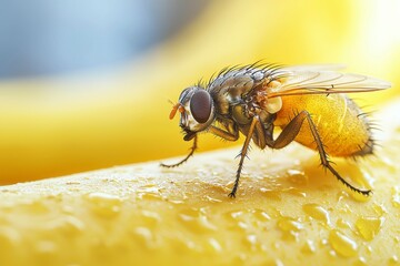 Sticker - Macro Close-up of a Fly on a Yellow Surface with Water Droplets