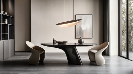 Poster - A stylish dining room in minimalist design, with a sleek dining table, sculptural chairs, and pendant lighting, perfect for intimate gatherings.