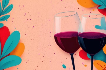 Two glasses of red wine with colorful leaves on a pink background.