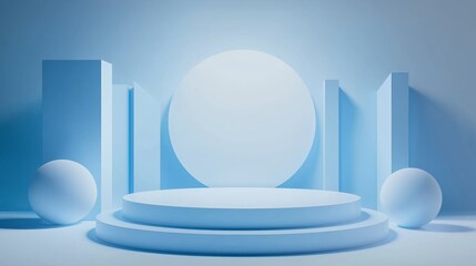 Poster - An elegant 3D podium with a spacious top, surrounded by abstract geometric shapes, set against a gradient blue background, perfect for modern advertising