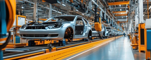 Modern automotive assembly line with cars being assembled in a factory. Advanced manufacturing and industrial production processes.