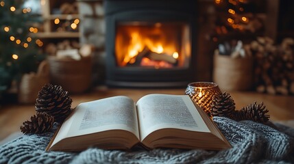 Canvas Print - A warm and intimate fireside moment featuring an open book with a bookmark peeking out, resting near a crackling fireplace, adorned with autumn decorations such as pinecones and candles,