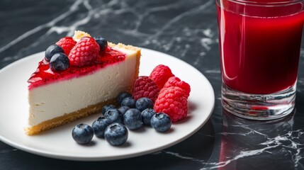 A slice of cheesecake with strawberries, blueberries and raspberries on top of a white plate. A glass of red juice is next to the plate, with copy space