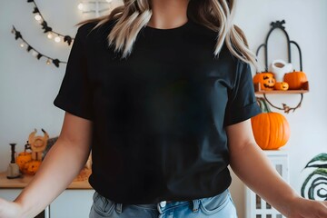 A young girl is wearing a plain black t-shirt representing mockup with Halloween decoration