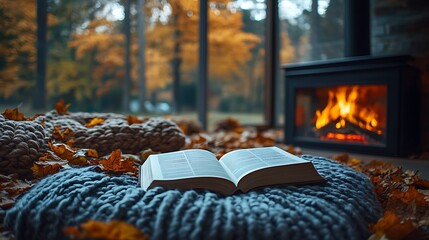 Canvas Print - An intimate autumn evening with an open book on a cushion, autumn leaves scattered around, a crackling fire casting a warm glow, cozy and peaceful atmosphere, detailed textures, inviting setting.