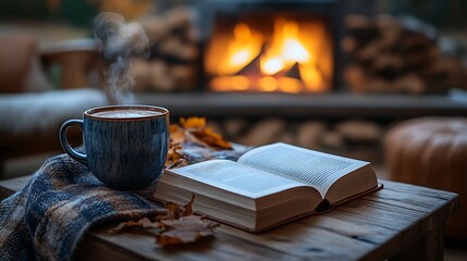 Canvas Print - An intimate autumn reading nook featuring an open book on a rustic wooden coffee table, a steaming cup of hot cocoa and a plaid blanket, a crackling fireplace in the background,