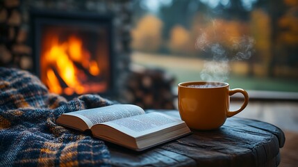 Canvas Print - An intimate autumn reading nook featuring an open book on a rustic wooden coffee table, a steaming cup of hot cocoa and a plaid blanket, a crackling fireplace in the background,