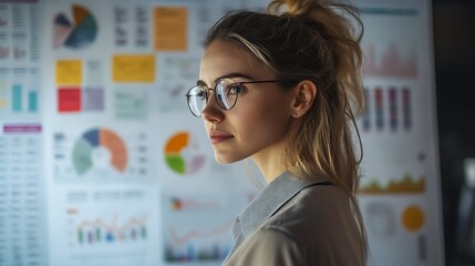 A woman with blonde hair and glasses looks thoughtfully at a white board covered with charts and graphs.