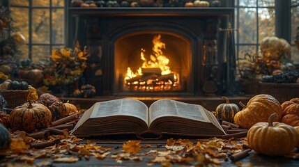 Canvas Print - An intimate autumn setting featuring an open book on a hearth, with a glowing fireplace behind it, surrounded by gourds and cinnamon sticks, warm and cozy ambiance, rich details, soft warm lighting.