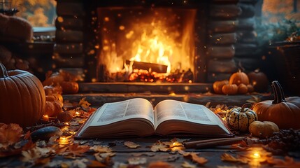 Canvas Print - An inviting autumn moment with an open book resting on a hearth, a glowing fireplace behind it, surrounded by gourds and cinnamon sticks, warm and tranquil ambiance, soft shadows, rich details.