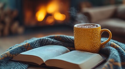 Canvas Print - An inviting autumn scene featuring an open book, a cup of hot cocoa, and a plaid blanket on a rustic coffee table, a crackling fireplace casting a warm glow, cozy and tranquil ambiance, rich textures,