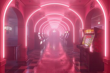 Fototapete - Light Painting of a Retro Arcade Scene Neon light trails depicting