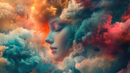 Canvas Print - Woman's Profile Emerging from a Cosmic Nebula of Colors