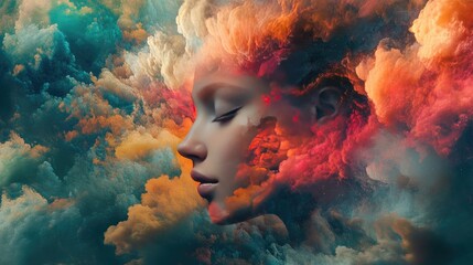 Sticker - A Woman's Face Emerging From Abstract Colorful Clouds