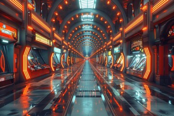 Fototapete - Light Painting of a Retro Arcade Scene Neon light trails depicting