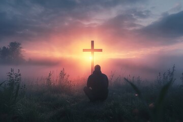 A person kneeling down in front of a cross with sunset over a foggy mountain, religious belief, traditional setting, professional shot