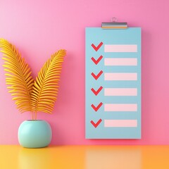 Poster - Checklist With Palm Leaf on Pink Background.