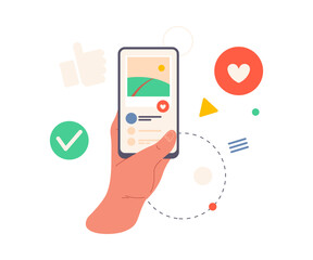 Aufkleber - Smartphone screen with gallery photos or social media with likes and posts, flat cartoon vector illustration. Isolated hand showing blog or article with picture and reactions to it