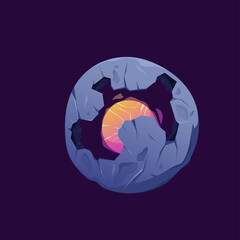 Poster - Energy ball with core and stone shell. Vector isolated game assets for futuristic cosmic atmosphere or landscape. Abstract sphere with light glowing effect, round mysterious shiny magic orb