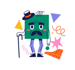 Aufkleber - Square figure personage with walking stick and senior face. Vector cartoon character, sticker or emoji, isolated geometric shape with moustache and cap, old man with triangles and stars