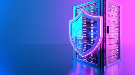 Poster - Modern server with neon shield concept, showcasing data protection and cybersecurity in a vibrant, futuristic setting.