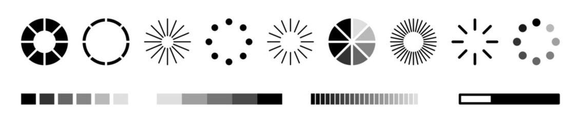 Poster - Loading circles for web design, websites and application. Vector isolated set of flat icons for UI and UX. Graphic user interface. Waiting for process to complete, internet technologies GUI